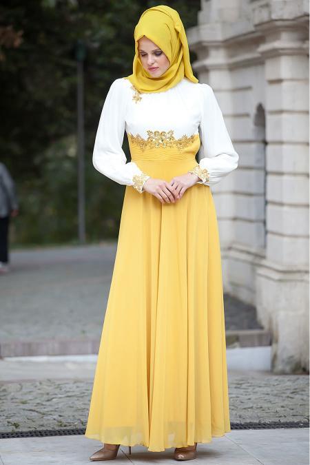 Tesettürlü Abiye Elbise - Sarı Elbise - 2