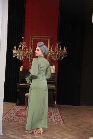 Tesettürlü Abiye Elbise - Saten Açık Haki Tesettür Abiye Elbise 62301AHK - 4