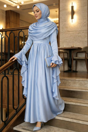 Tesettürlü Abiye Elbise - Saten Bebek Mavisi Tesettür Abiye Elbise 55461BM - 1