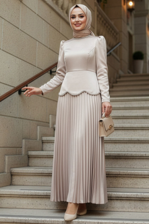 Tesettürlü Abiye Elbise - Saten Bej Tesettür Abiye Elbise 5462BEJ 