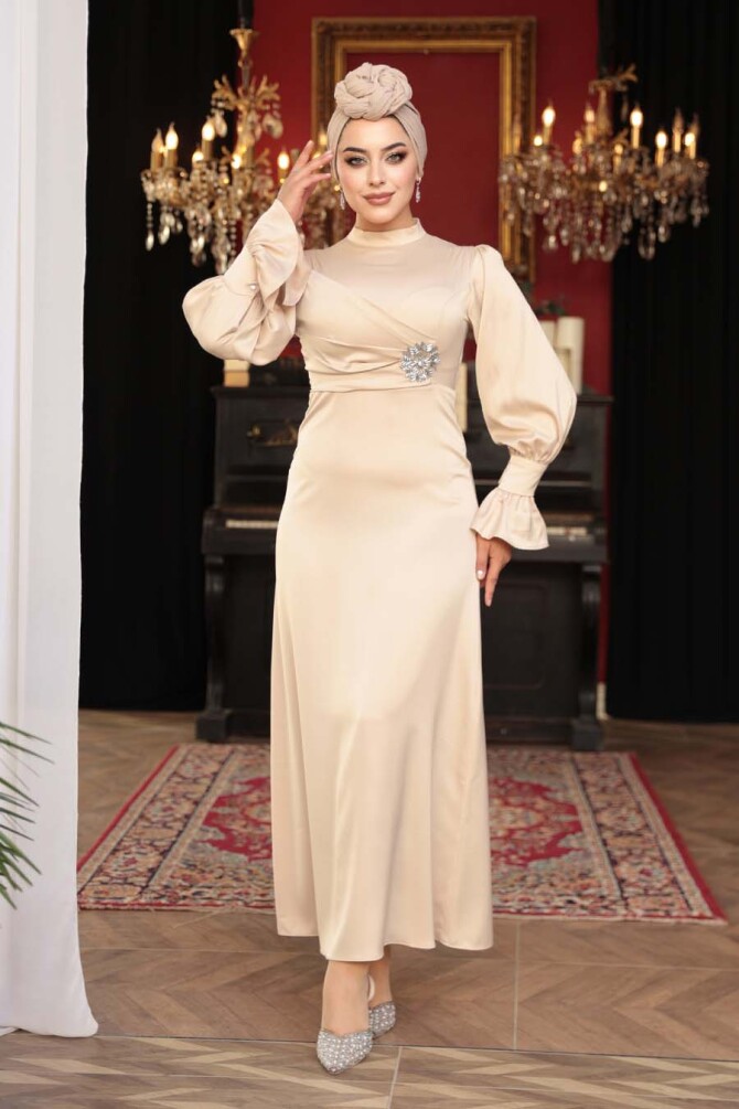 Tesettürlü Abiye Elbise - Saten Bej Tesettür Abiye Elbise 62301BEJ - 3