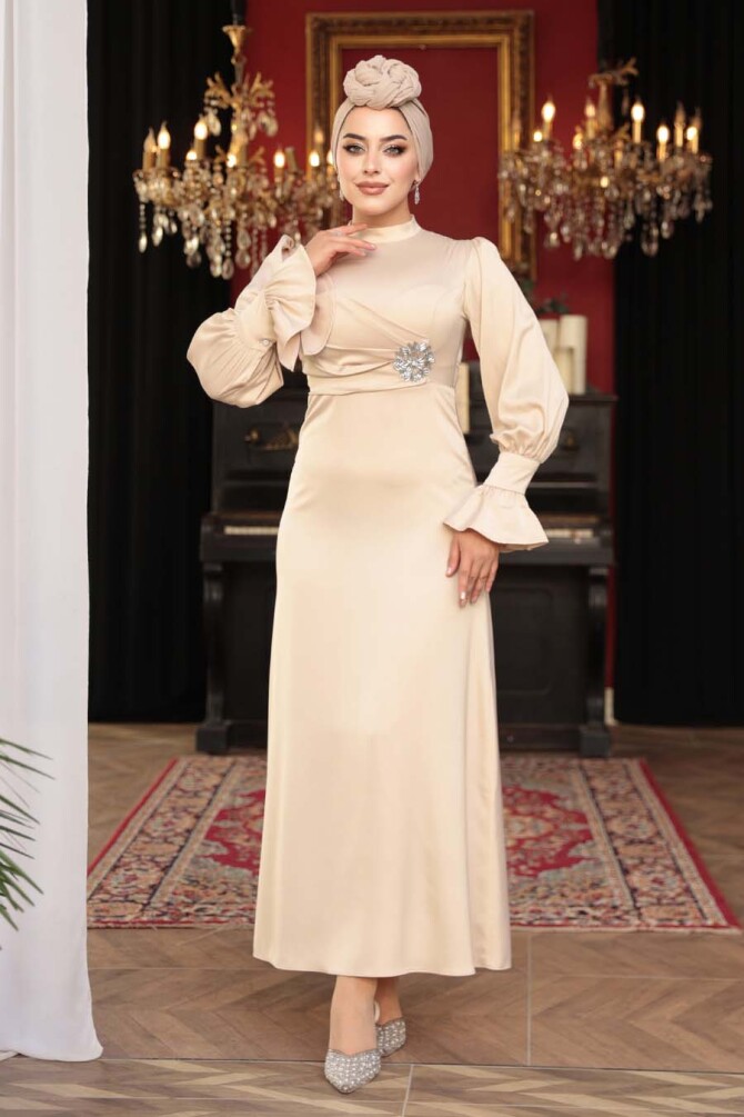 Tesettürlü Abiye Elbise - Saten Bej Tesettür Abiye Elbise 62301BEJ - 1
