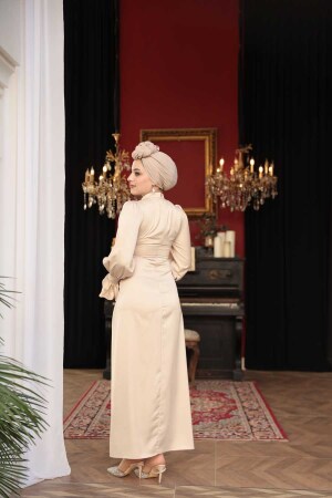 Tesettürlü Abiye Elbise - Saten Bej Tesettür Abiye Elbise 62301BEJ - 4