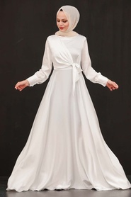 Tesettürlü Abiye Elbise - Saten Beyaz Tesettür Abiye Elbise 1420B - Thumbnail