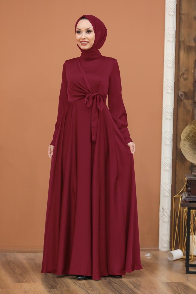 Tesettürlü Abiye Elbise - Saten Bordo Tesettür Abiye Elbise 1420BR - 2