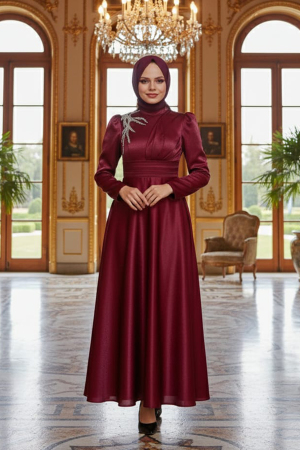 Tesettürlü Abiye Elbise - Saten Bordo Tesettür Abiye Elbise 22301BR - 1