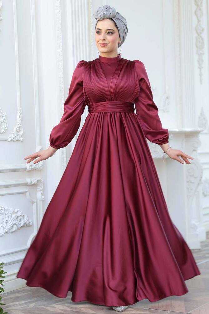 Tesettürlü Abiye Elbise - Saten Bordo Tesettür Abiye Elbise 23821BR - 1