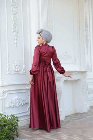 Tesettürlü Abiye Elbise - Saten Bordo Tesettür Abiye Elbise 23821BR - 4
