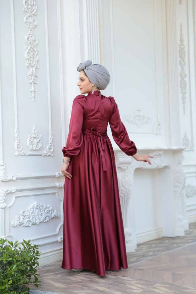 Tesettürlü Abiye Elbise - Saten Bordo Tesettür Abiye Elbise 23821BR - 4