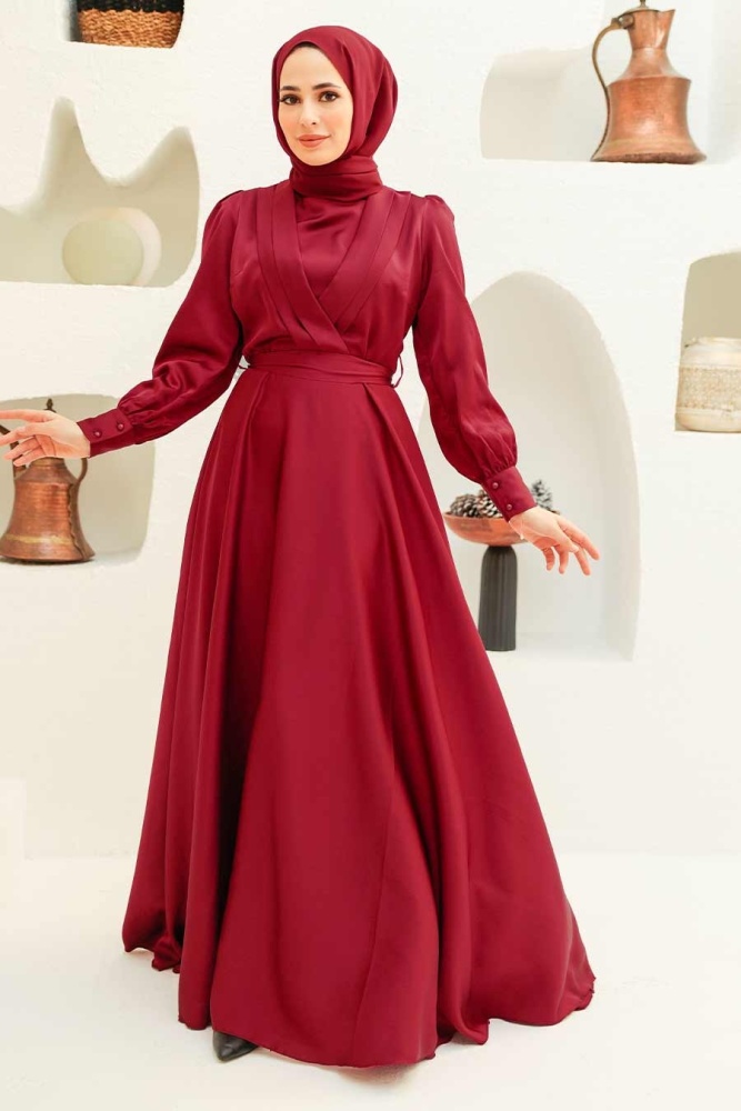 Tesettürlü Abiye Elbise - Saten Bordo Tesettür Abiye Elbise 3367BR - 1