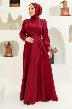 Tesettürlü Abiye Elbise - Saten Bordo Tesettür Abiye Elbise 3367BR - 2