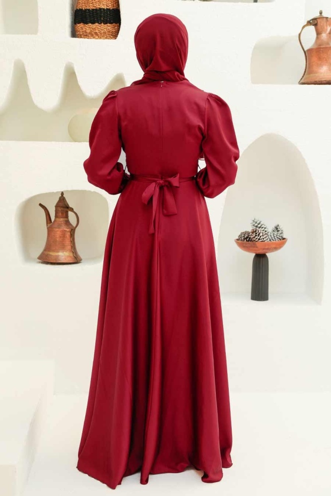 Tesettürlü Abiye Elbise - Saten Bordo Tesettür Abiye Elbise 3367BR - 3