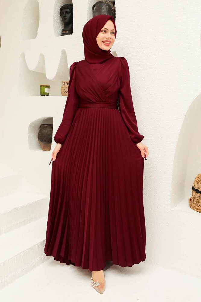 Tesettürlü Abiye Elbise - Saten Bordo Tesettür Abiye Elbise 3452BR - 1