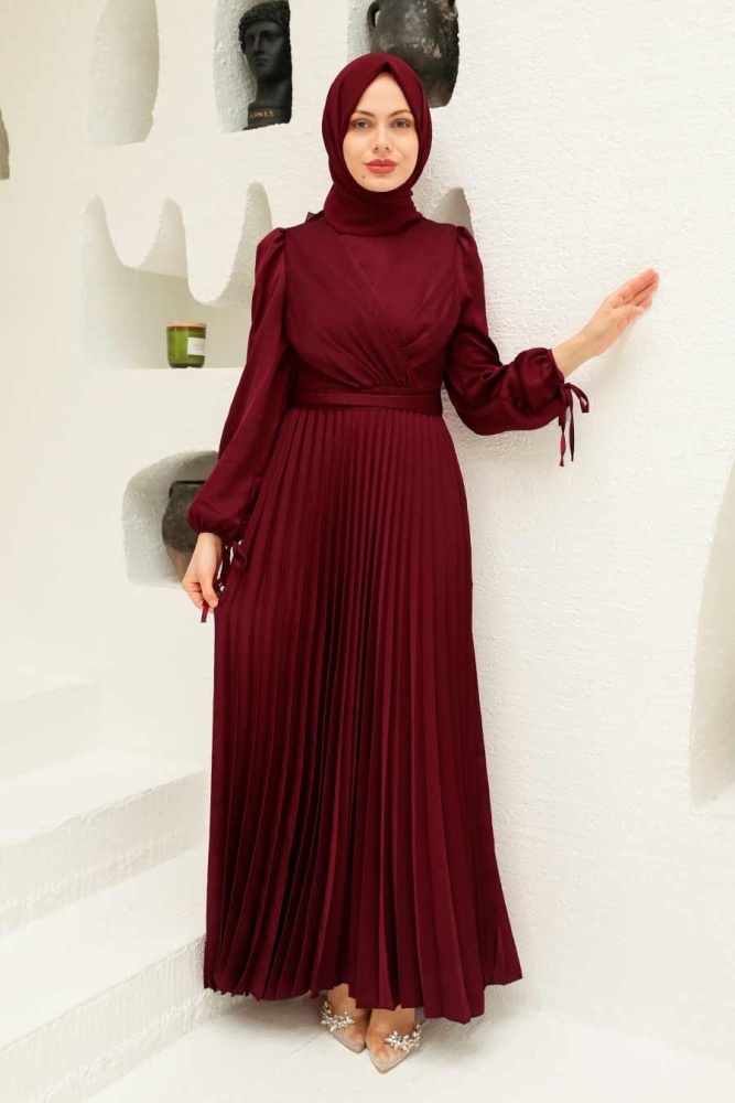 Tesettürlü Abiye Elbise - Saten Bordo Tesettür Abiye Elbise 3452BR - 2