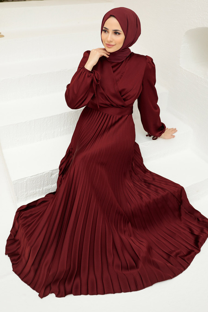 Tesettürlü Abiye Elbise - Saten Bordo Tesettür Abiye Elbise 3452BR - 3