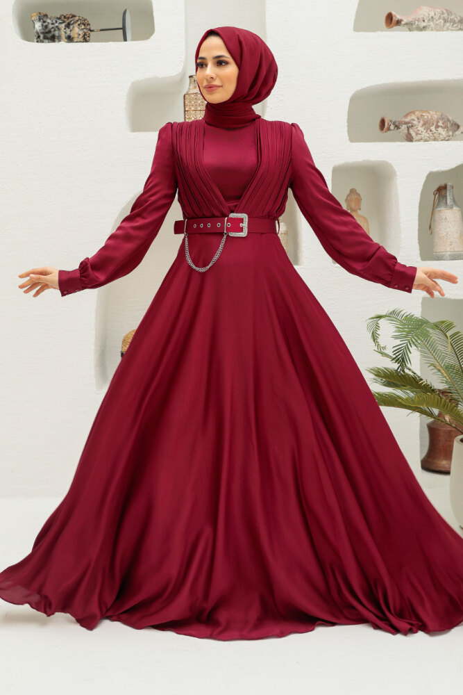 Tesettürlü Abiye Elbise - Saten Bordo Tesettür Abiye Elbise 3454BR - 1