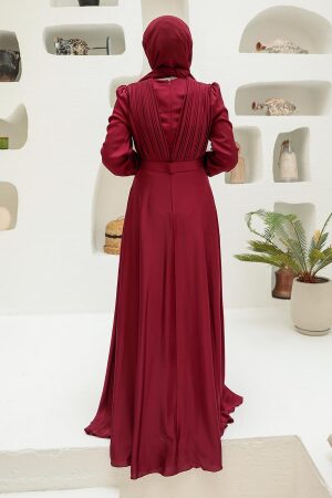 Tesettürlü Abiye Elbise - Saten Bordo Tesettür Abiye Elbise 3454BR - 2