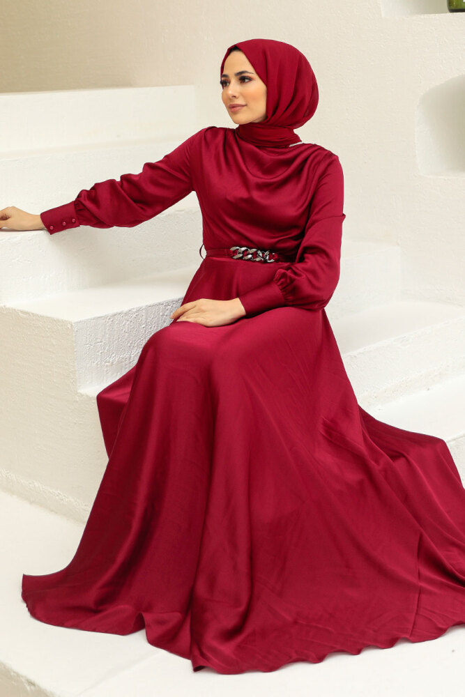 Tesettürlü Abiye Elbise - Saten Bordo Tesettür Abiye Elbise 3460BR - 2