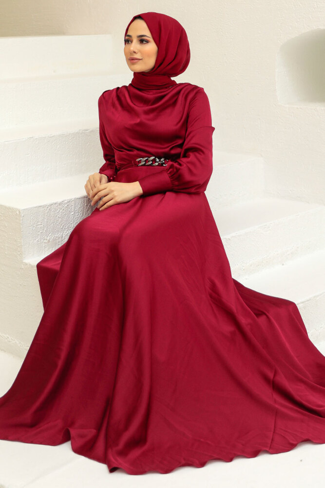 Tesettürlü Abiye Elbise - Saten Bordo Tesettür Abiye Elbise 3460BR - 3