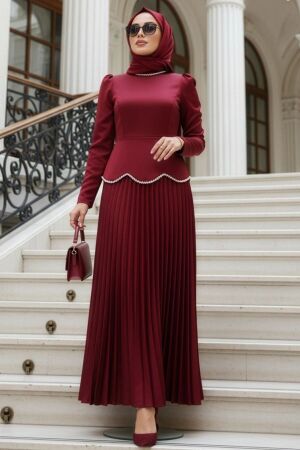 Tesettürlü Abiye Elbise - Saten Bordo Tesettür Abiye Elbise 5462BR 