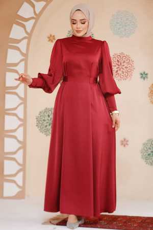 Tesettürlü Abiye Elbise -Saten Bordo Tesettür Abiye Elbise 61651BR - 2