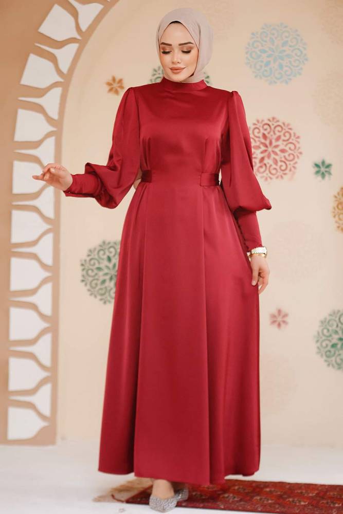 Tesettürlü Abiye Elbise -Saten Bordo Tesettür Abiye Elbise 61651BR - 2