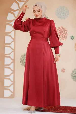 Tesettürlü Abiye Elbise -Saten Bordo Tesettür Abiye Elbise 61651BR - 1
