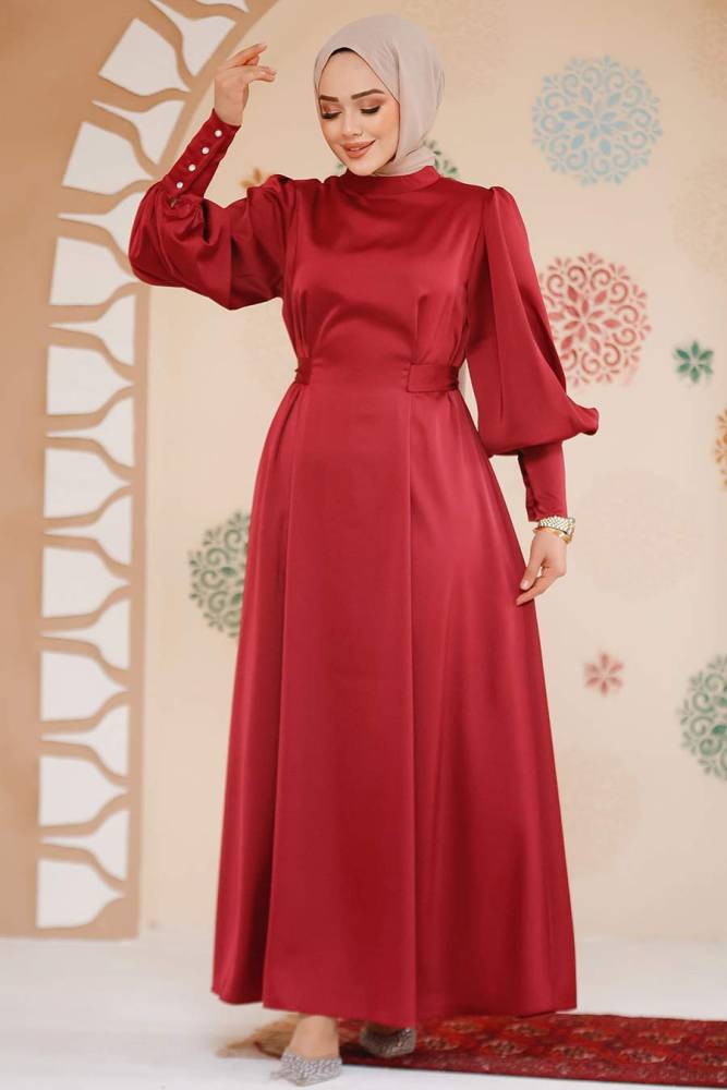 Tesettürlü Abiye Elbise -Saten Bordo Tesettür Abiye Elbise 61651BR - 1