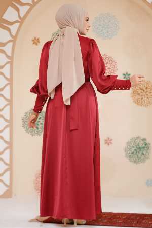 Tesettürlü Abiye Elbise -Saten Bordo Tesettür Abiye Elbise 61651BR - 3