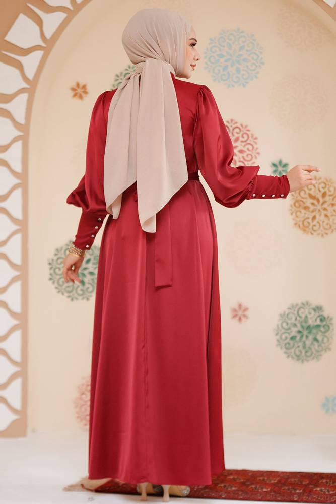 Tesettürlü Abiye Elbise -Saten Bordo Tesettür Abiye Elbise 61651BR - 3