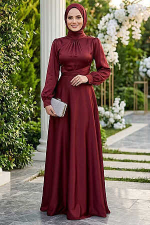 Tesettürlü Abiye Elbise - Saten Bordo Tesettür Abiye Elbise 6297BR - 1