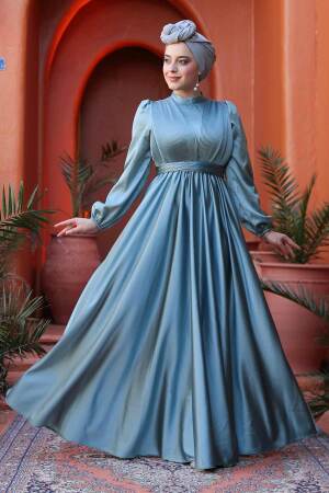 Tesettürlü Abiye Elbise - Saten Çağla Yeşili Tesettür Abiye Elbise 23821CY 