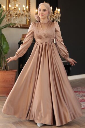 Tesettürlü Abiye Elbise - Saten Camel Tesettür Abiye Elbise 23821C 