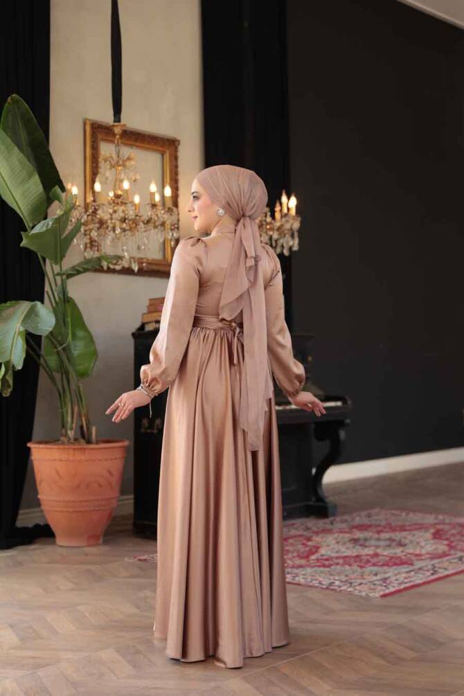 Tesettürlü Abiye Elbise - Saten Camel Tesettür Abiye Elbise 23821C - 3