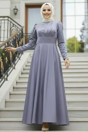 Tesettürlü Abiye Elbise - Saten Gri Tesettür Abiye Elbise 22301GR 