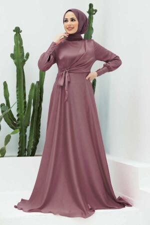 Tesettürlü Abiye Elbise - Saten Gül Kurusu Tesettür Abiye Elbise 1420GK - 1