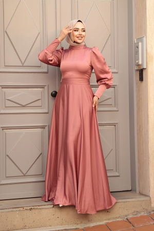 Tesettürlü Abiye Elbise - Saten Gül Kurusu Tesettür Abiye Elbise 23242GK - 2