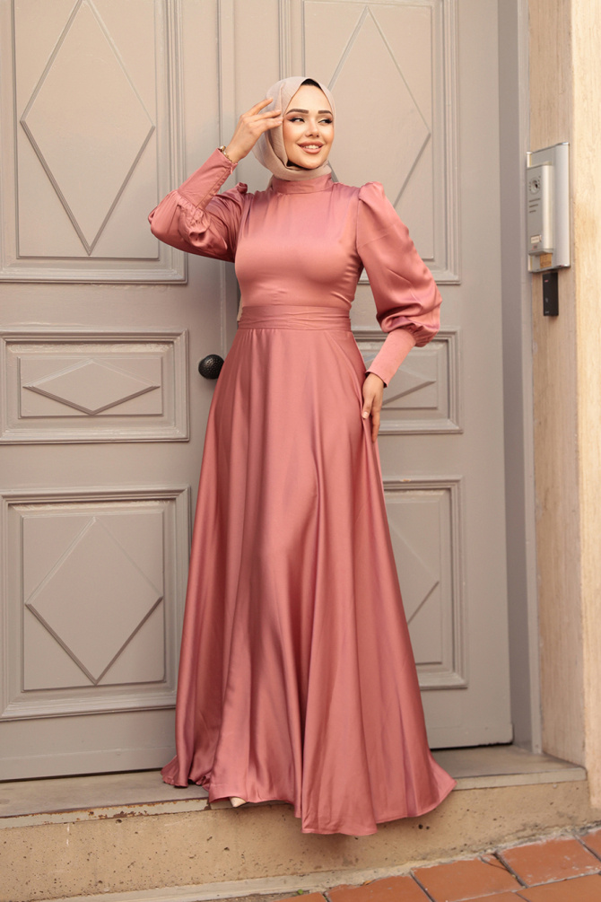 Tesettürlü Abiye Elbise - Saten Gül Kurusu Tesettür Abiye Elbise 23242GK - 2