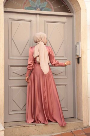 Tesettürlü Abiye Elbise - Saten Gül Kurusu Tesettür Abiye Elbise 23242GK - 3