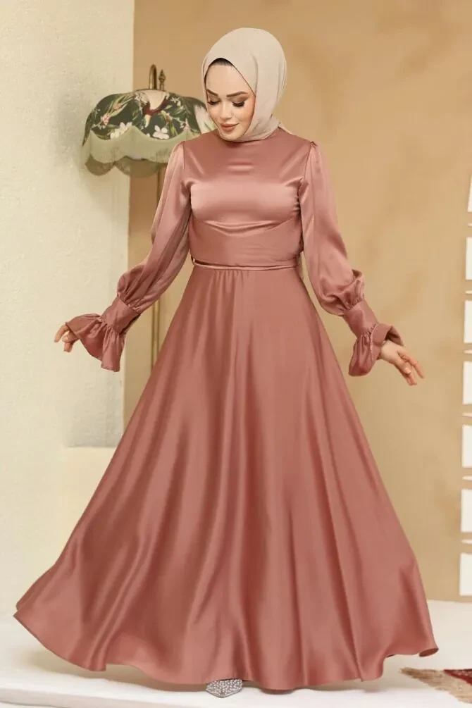 Tesettürlü Abiye Elbise - Saten Gül Kurusu Tesettür Abiye Elbise 6197GK - 1