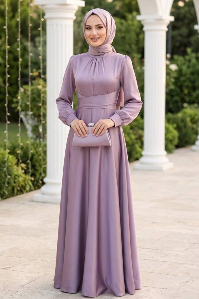 Tesettürlü Abiye Elbise - Saten Gül Kurusu Tesettür Abiye Elbise 6297GK - 1