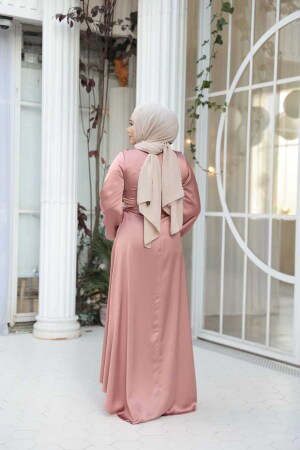 Tesettürlü Abiye Elbise - Saten Gül Kurusu Tesettür Abiye Elbise 73412GK - 4