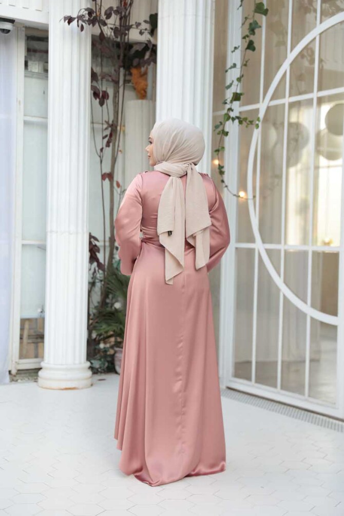 Tesettürlü Abiye Elbise - Saten Gül Kurusu Tesettür Abiye Elbise 73412GK - 4