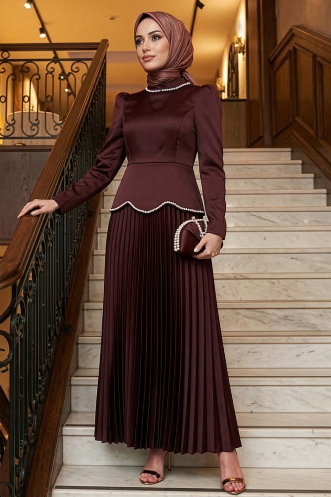 Tesettürlü Abiye Elbise - Saten Kahverengi Tesettür Abiye Elbise 5462KH - 1