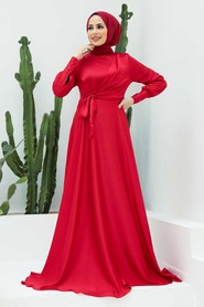 Tesettürlü Abiye Elbise - Saten Kırmızı Tesettür Abiye Elbise 1420K - Thumbnail