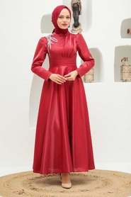 Tesettürlü Abiye Elbise - Saten Kırmızı Tesettür Abiye Elbise 22301K - Thumbnail