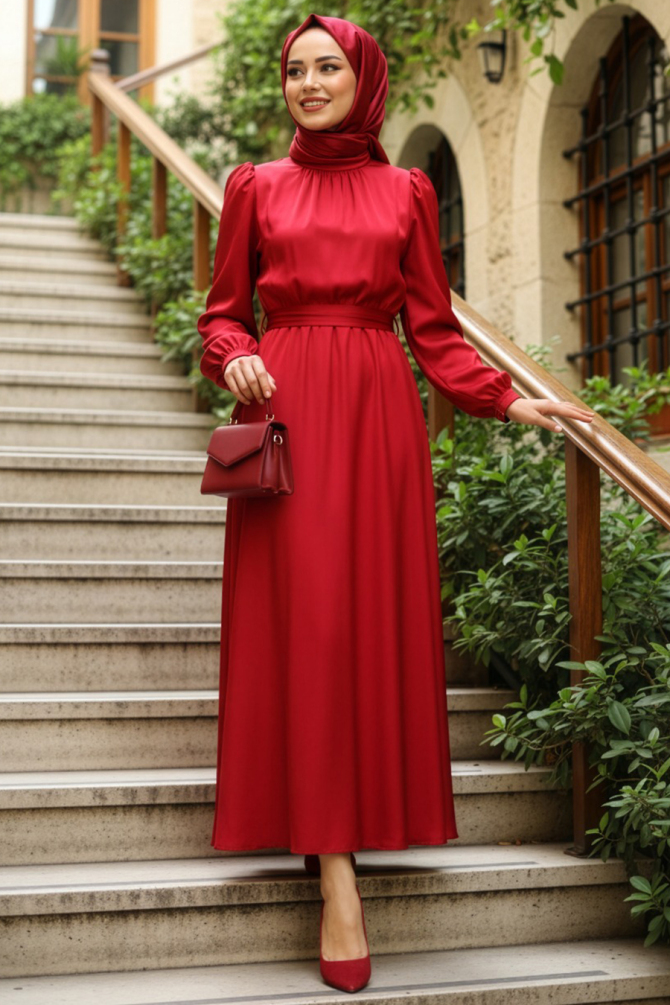 Tesettürlü Abiye Elbise - Saten Kırmızı Tesettür Abiye Elbise 23242K - 1
