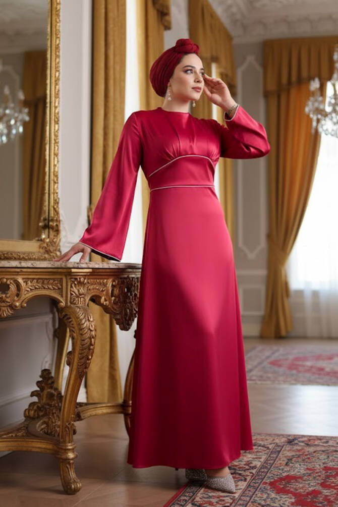 Tesettürlü Abiye Elbise - Saten Kırmızı Tesettür Abiye Elbise 61592K - 1