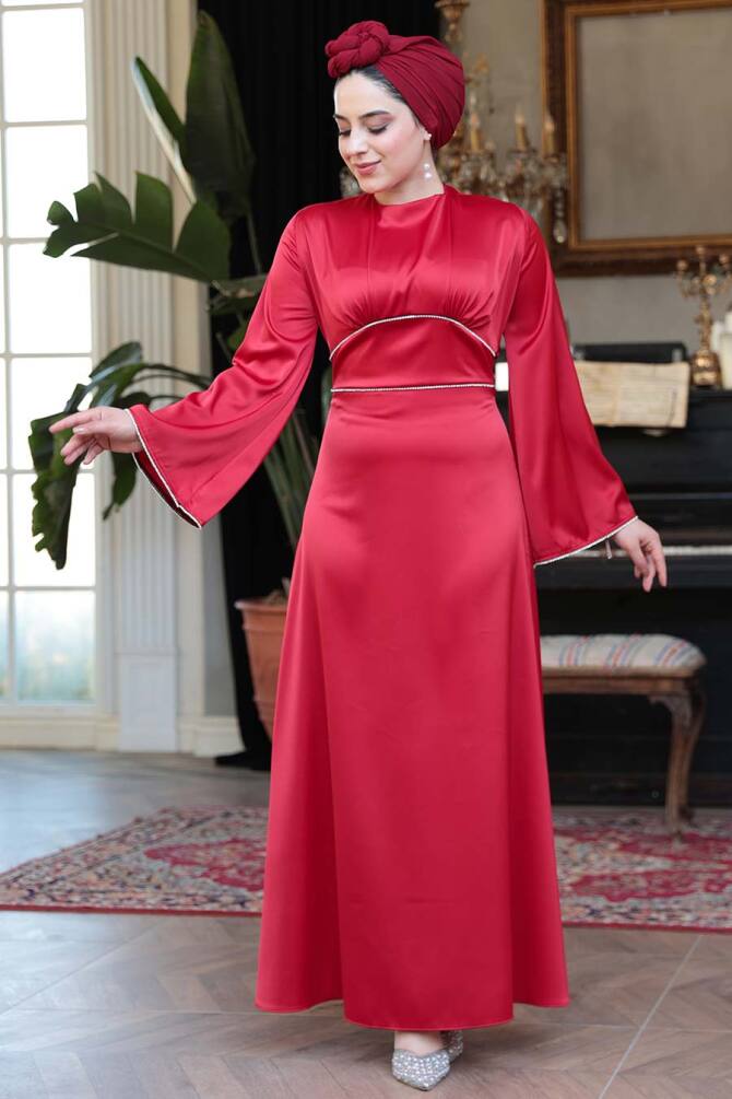 Tesettürlü Abiye Elbise - Saten Kırmızı Tesettür Abiye Elbise 61592K - TESETTÜRLÜ ABİYE ELBİSELER