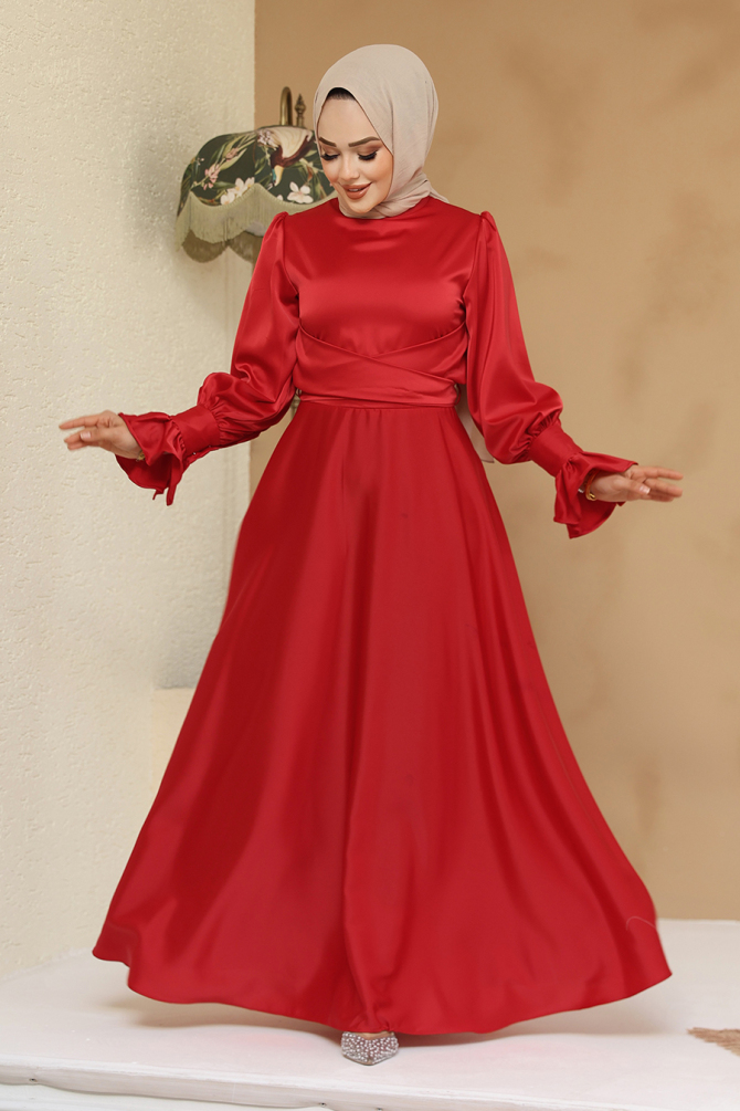 Tesettürlü Abiye Elbise - Saten Kırmızı Tesettür Abiye Elbise 6197K - 1